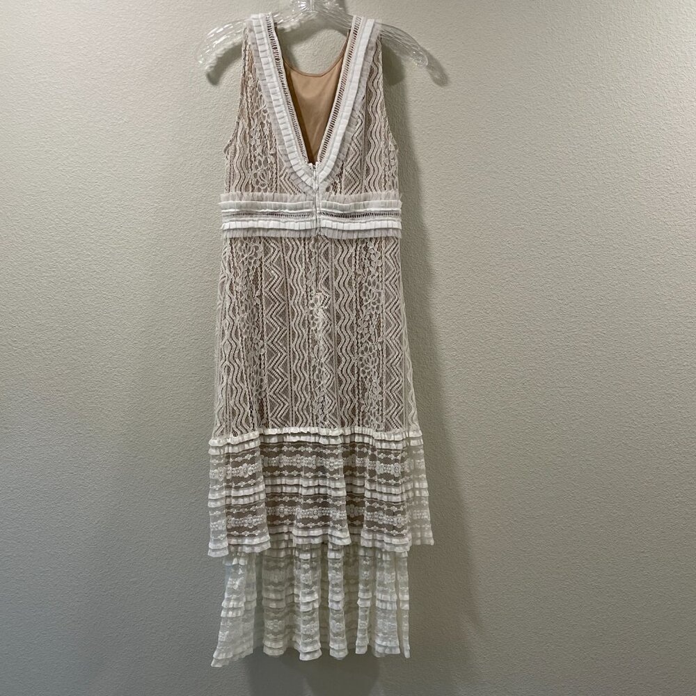 LULUS "Garden Soiree" Lace Overlay Sleeveless Tiered Midi Sheath, Ivory - M - Picture 3 of 9